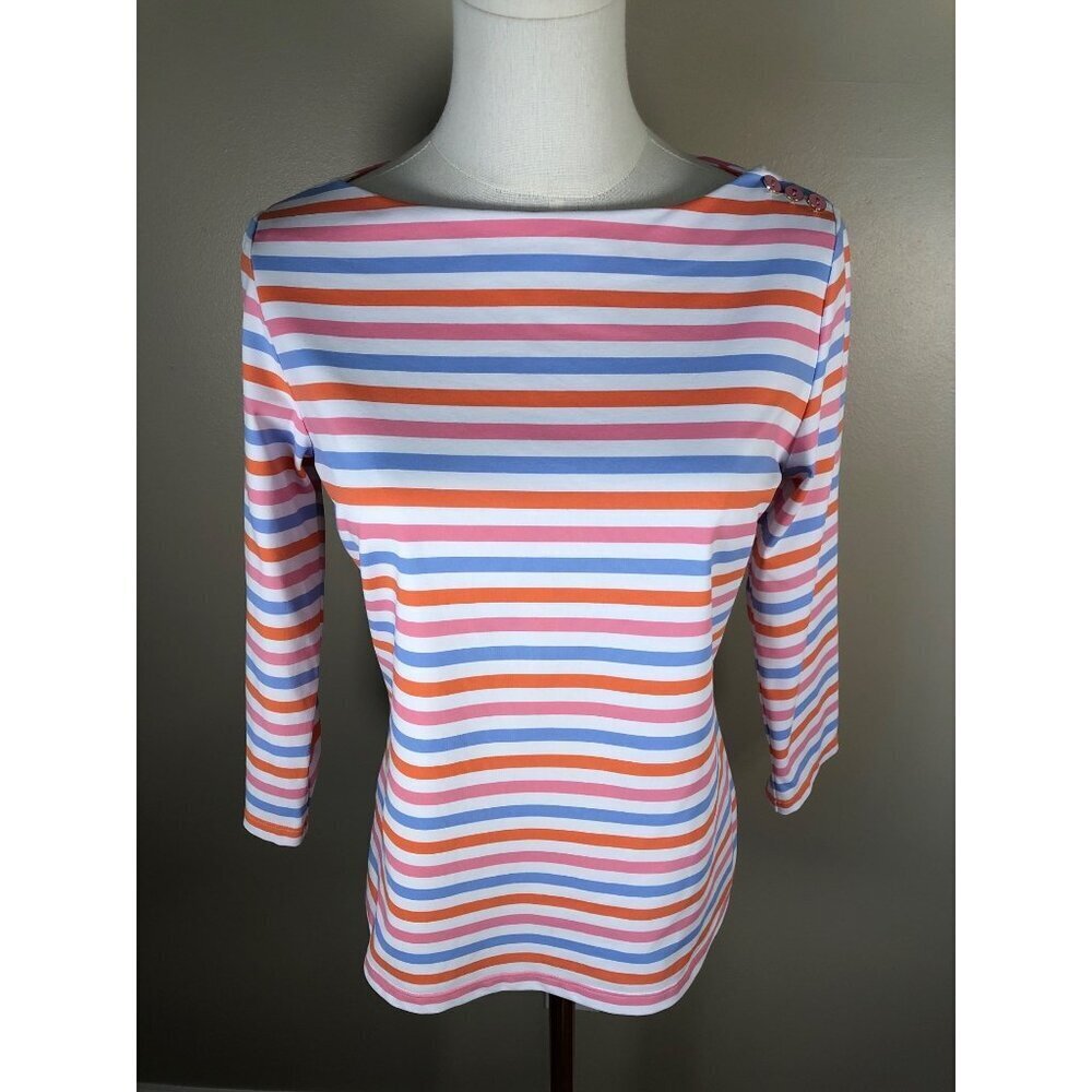 J McLaughlin Wavesong Striped Print 3/4 Sleeve Button Shoulder Tee Shirt Size S